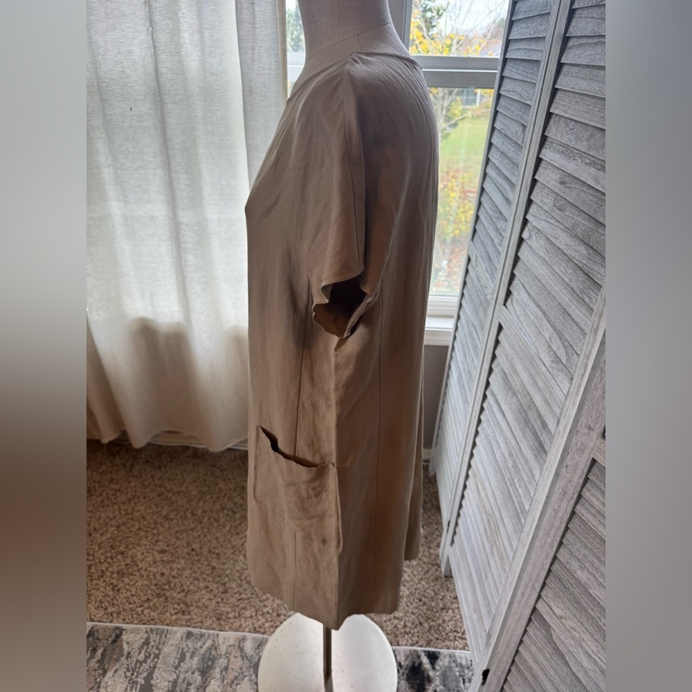 J Jill Silk Linen Shift Boxy Dress, has front patch pockets. Tan Sz L - Picture 6 of 10